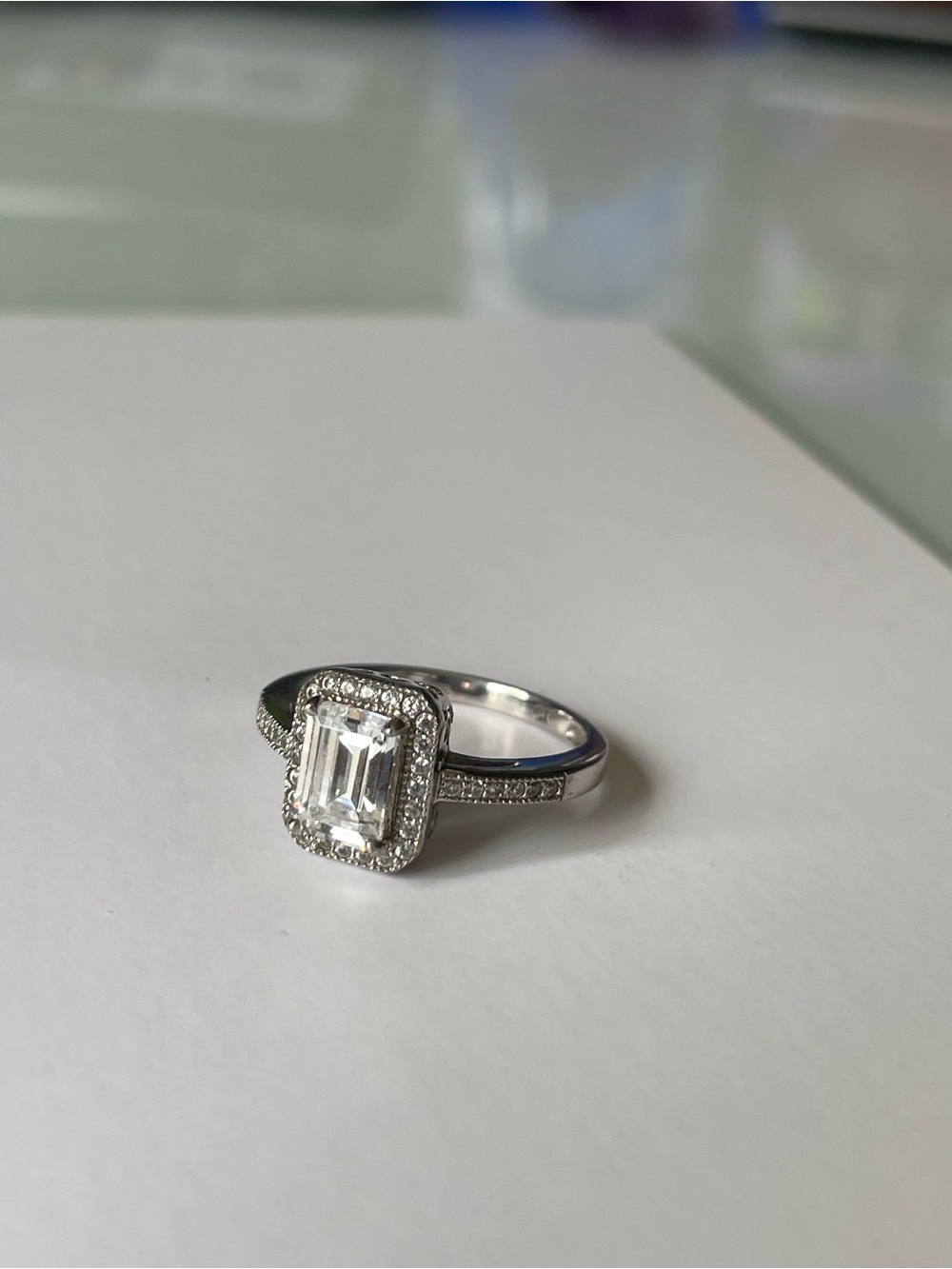 Halo Emerald-Cut CZ  Silver Ring Size 5